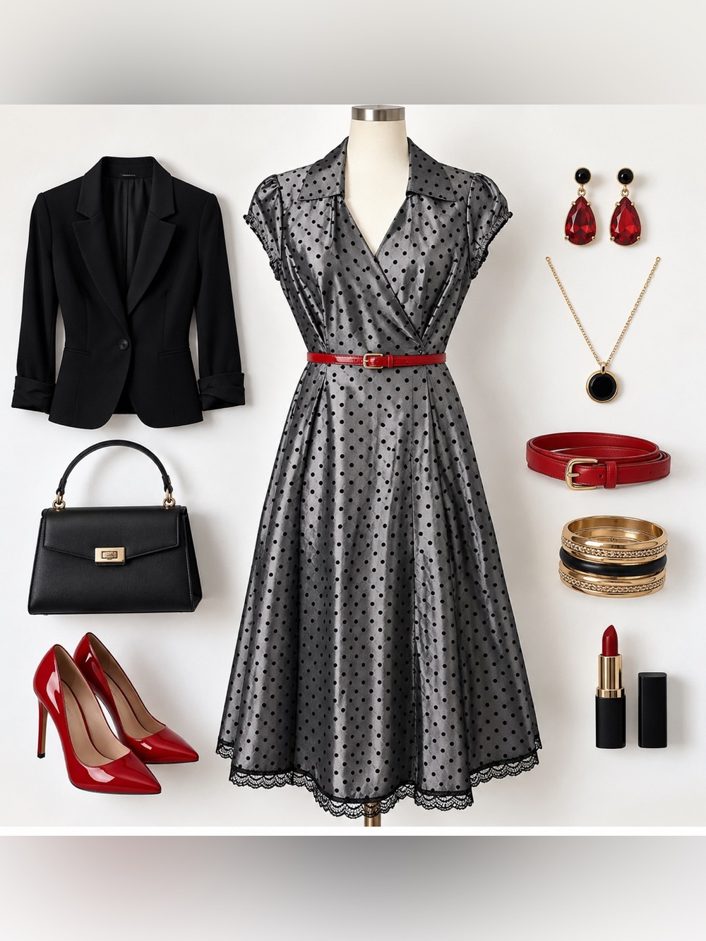Patrizia Luca Silver Black Polka Dot Satin A-Line Midi Dress